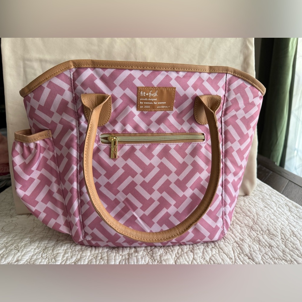 Pink Patterned Tote with Tan Trim